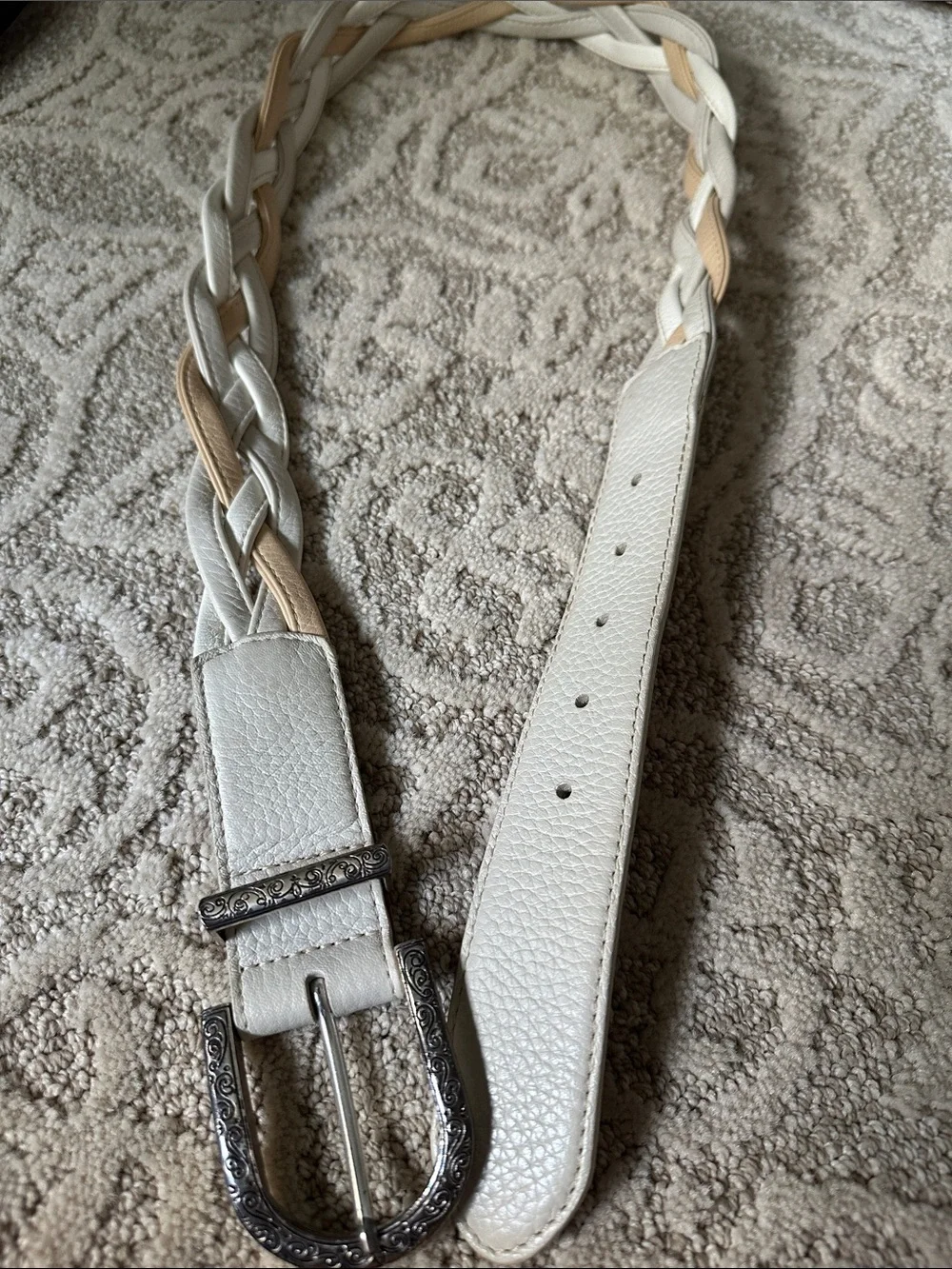 Brighton Braided White and Tan Leather Belt with Decorative Silver Buckle